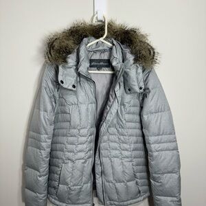 Eddie Bauer Silver Puffer Jacket with Fur Hood